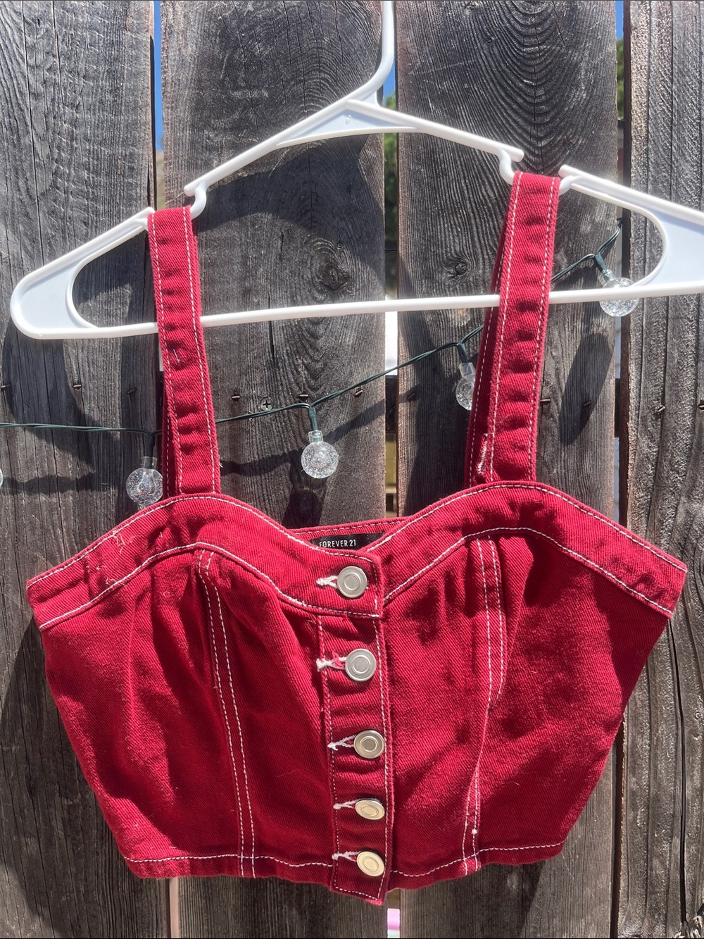 Forever 21 Red Denim Snap-Front Corset Crop Top